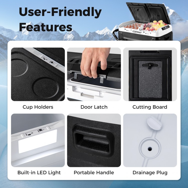 User-friendly features of the Dual Zone 12V 42QT Car Refrigerator, including cup holders, LED light, and portable.